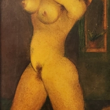 'יוגה של בוקר בערום' - ציור ישן, שמן על לוח (או שמן על נייר מוצמד ללוח), חתום