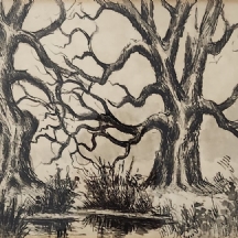 'שני עצים עתיקים על גדת ביצה' - ציור ישן, רישום ואקוורל על נייר, חתום: 'Bigaiski