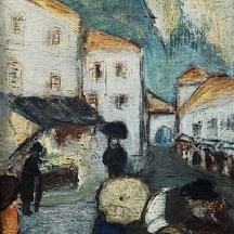 'יהודי ליד דוכן דגים מלוחים' - ציור ישן, שמן על לוח, חתום: קמן