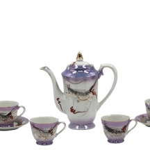 סט פורצלן יפני ישן למוקה, מעוטר באמייל הטכניקת מוריאג' (Moriage) בדגם דרקונים