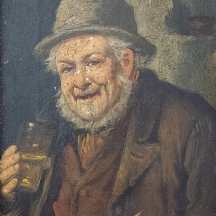 'גבר שותה בירה ומעשן מקטרת' - ציור אירופאי עתיק, שמן על בד, חתום