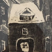 'מבנה בשלג' - הדפס ישן, חתום בעיפרון, אמן לא מזוהה