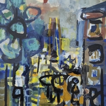 יעקב וכסלר (Jacob Wexler) - 'שמש צהובה מעל חיפה' - ציור ישן, גואש על נייר, חתום