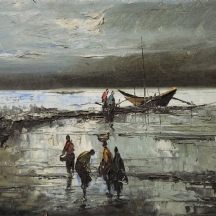 'דמויות על החוף בליל ירח' - ציור ישן כפי הנראה צייר פיליפיני, שמן על בד, חתום