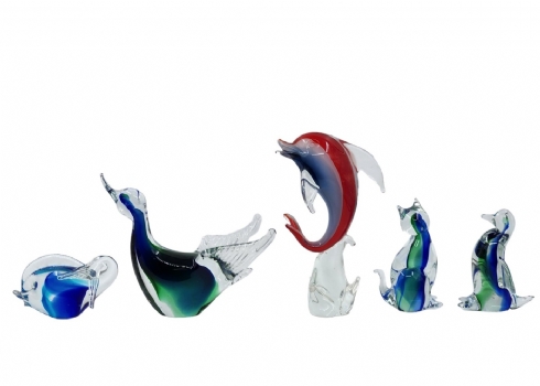 לוט של 5 פסלוני זכוכית וקריסטל ישנים, בדמויות של חיות, תוצרת איטליה וצ'כיה