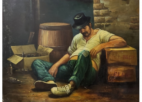 'השתיין' - ציור ישן, שמן על בד, חתום A. KAPLAN, ללא מסגרת (פגם לבד - מצולם), מיד
