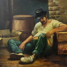 'השתיין' - ציור ישן, שמן על בד, חתום A. KAPLAN, ללא מסגרת (פגם לבד - מצולם), מיד