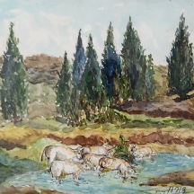 'עדר פרות לבקניות במקווה מים' - אקוורל על נייר, חתום: דורון ומתוארך 2007