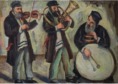 'שלושה כלייזמרים מנגנים' - ציור ישן, שמן על בד, חתום, אמן לא מזוהה