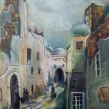 'דמויות ברחוב עתיק' - ציור ישן, גירי פסטל על נייר, חתום: M. Faiches