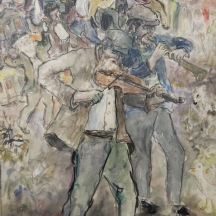 'שני כלייזמרים בהרקדה בשטייטל' - ציור ישן, אקוורל על נייר, חתום: וסרמן
