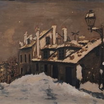 'נוף מושלג' - הדפס צבוע ביד, כתם מים ישן בפינה השמאלית העליונה, אמן לא ידוע