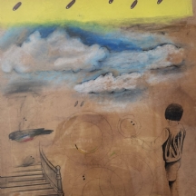 'גרם מדרגות שמיימי' - ציור ישן, טכניקה מעורבת על נייר, חתום ומתוארך: 1979, מידות