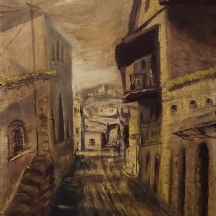 'נוף רחוב חום' - ציור גדול, שמן על בד, חתום, אמן לא מזוהה