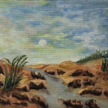 'נחל בנוף מדברי' - ציור ישן, שמן על לוח מזוניט, חתום: ח. ברגר