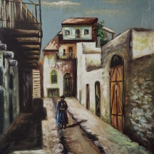 'דמות יהודי בסימטה' - ציור ישן, שמן על בד, חתום: דוד (מי אתה דוד)