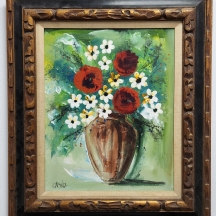 'כד פרחים חום' - שמן על בד