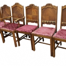 סט של 6 כיסאות אר דקו עתיקים לחדר אוכל, עשויים עץ, משטחי פורניר וריפוד בד