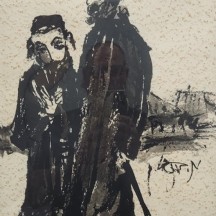 משה ברנשטיין (Moshe Bernstein) - 'אב ובנו בעיירה היהודית' - גואש ואקוורל שחור