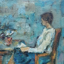 חיים סיטון (Haim Sitton) - 'אישה יושבת בחולצה לבנה' - שמן על בד מוצמד ללוח, חתום