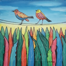 יעקב חייט  (Yaakov Chayat) - 'שתי ציפורים על חבלי כביסה' - אקריליק על בד, חתום