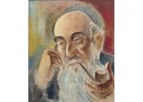 'תימני מעשן מקטרת' - ציור ישן, שמן על בד מוצמד ללוח, לא חתום, מידות: 41X35 ס"מ.