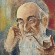 'תימני מעשן מקטרת' - ציור ישן, שמן על בד מוצמד ללוח, לא חתום, מידות: 41X35 ס"מ.