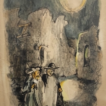 יונה מך - 'יהודים תחת אור ירח' - רישום טוש ואקוורל על נייר, חתום