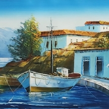 'כפר דייגים קפריסאי' - ציור ישן, שמן על בד מוצמד ללוח, חתום