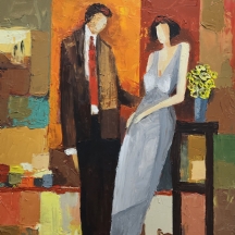 יעקב חייט (Yaakov Chayat) - 'זוג עם זר פרחים צהוב' - אקריליק על בד, חתום ומתוארך