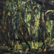 'ציידים בסבך ירוק' - ציור ישן וגדול, שמן על בד, חתום