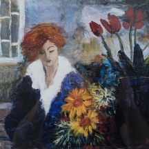 קנה פינקר (Kena Finker) - 'אישה אדמונית עם זרי פרחים' - הדפס חתום בעיפרון