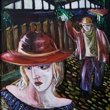 שלמה אלטר (Shlomo Alter) - 'המחזר המוזר של רננה אקרמן' - שמן על לוח, חתום