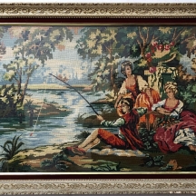 'פיקניק על גדת הנהר' - תמונת גובלן ישנה עשויה בעבודת יד - 'עבודת ברלין'