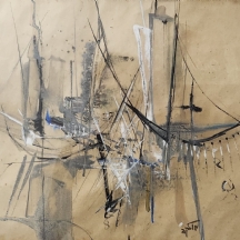 מוטקה (מרדכי) בלום - 'סירות במעגן' - גואש ואקוורל על נייר, חתום, פספרטו כחול