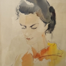 מרדכי אבניאל  (Mordechai Avniel) - 'פורטרט אישה בחולצה כתומה' - רישום ואקוורל