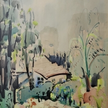 מרדכי אבניאל (Mordechai Avniel) - 'בית בראש פינה' - רישום ואקוורל על נייר, חתום