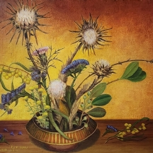 נחמה דקל - 'חוחים ודרדרים בכלי קרמיקה ישראלי' - ציור ישן, שמן על בד צרפתי, חתום