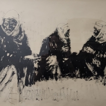 משה גת (Moshe Gat) - 'שלושה בדואים' - ציור גדול מיימדים, גואש שחור על נייר, חתום