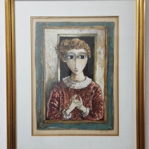 יוסל ברגנר (Yosl Bergner) - 'נערה עם פנינה אדומה' - ליטוגרפיה ישנה ויפה במיוחד