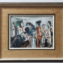 'דמויות באוטובוס' - ציור ישן, שמן על נייר מוצמד ללוח, חתום