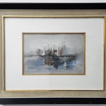 מוטקה (מרדכי) בלום - 'סירות ותורן לבן משתקף במים' - גואש ואקוורל על נייר, חתום