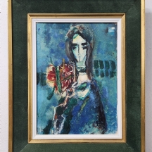 צבי מאירוביץ (Zvi Meirovich) - 'נערה עם לב אדום קשור בסרט' - שמן על נייר מוצמד