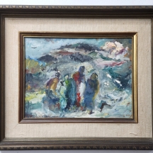 'דמויות בנוף' - ציור ישן, שמן על בד מוצמד ללוח, לא חתום, אמן לא מזוהה