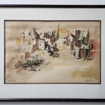 כתריאל עפרוני (Catriel Efrony) - 'נוף צפת' - רישום ואקוורל על נייר, חתום