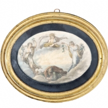 תצריב אובאלי עתיק מהמאה ה-18, צבוע ביד, נתון במסגרת אובאלית מוזהבת