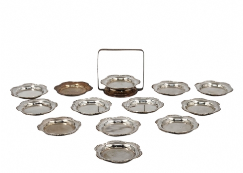 סט כלי כסף פולני שולחני קטן הכולל מעמד ועוד 12 צלוחיות, חותמות כסף