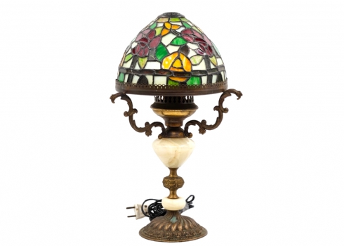 מנורה שולחנית ישנה בסגנון טיפאני, עשויה פליז ואוניקס, ואהיל עשוי זכוכית ויטראז'