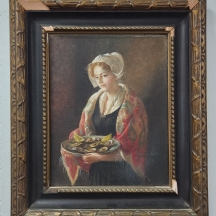 'נערה וצלחת צדפות' - ציור עתיק, שמן על בד, לא חתום, 1880-1920 בקירוב