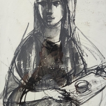 רות שלוס (Ruth Schloss) - 'נערה תימניה מגישה כוס תה' - גואש ואקוורל על נייר